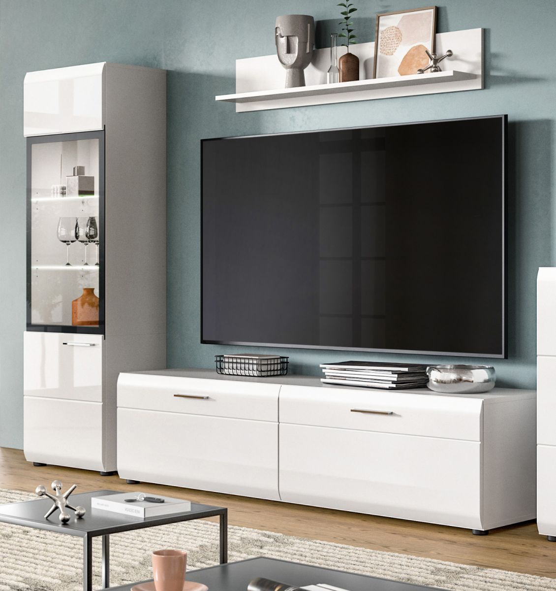 Wohnwand Cover in weiß Hochglanz 220 x 160 cm