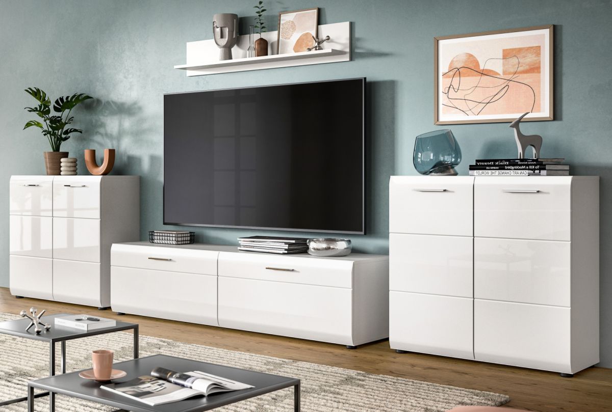 Wohnwand Cover in weiß Hochglanz 350 x 160 cm