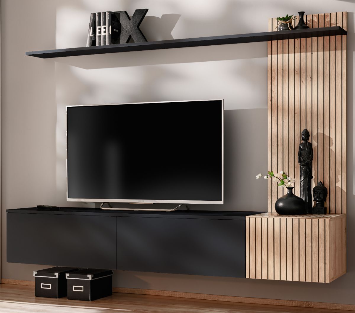 Wohnwand Madina in schwarz und Hickory Eiche 180 cm