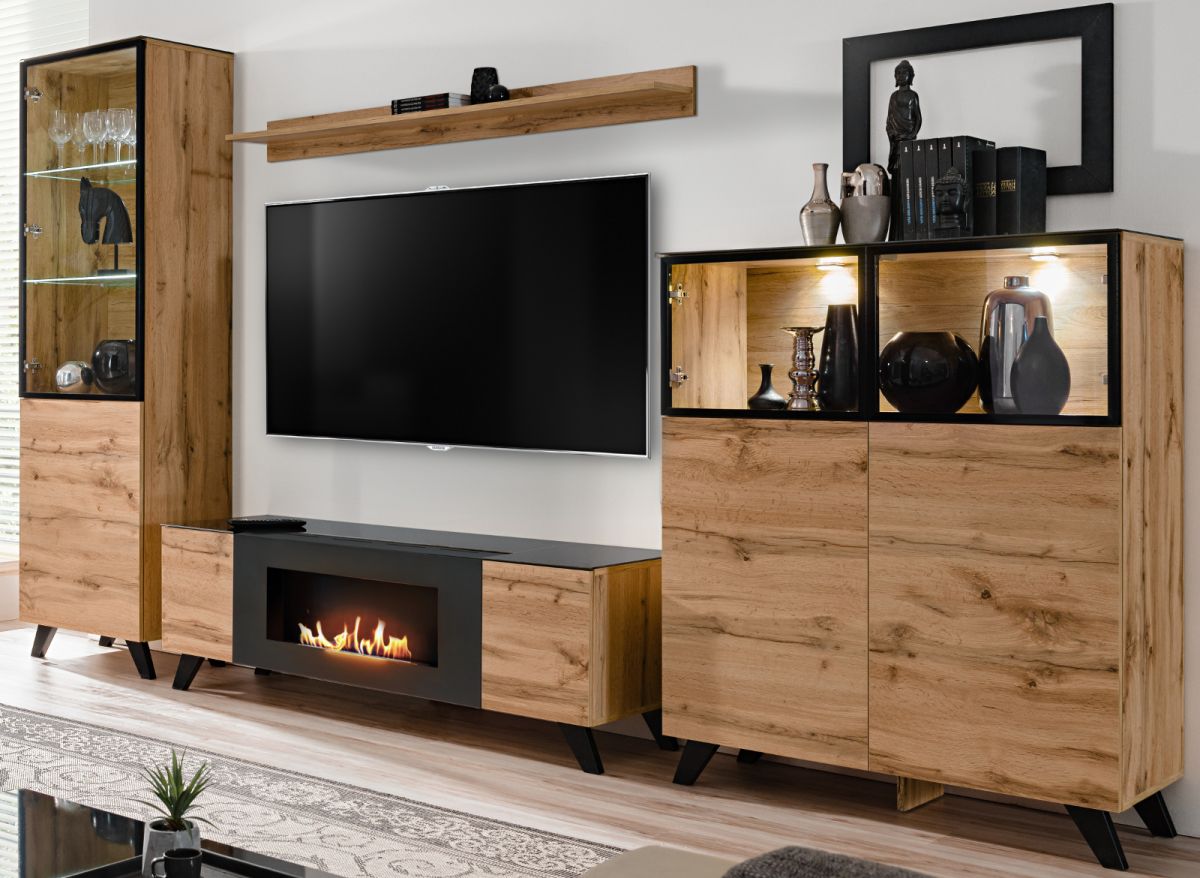Wohnwand Heritage in Wotan Eiche mit Schwarz inkl. LED 330 cm
