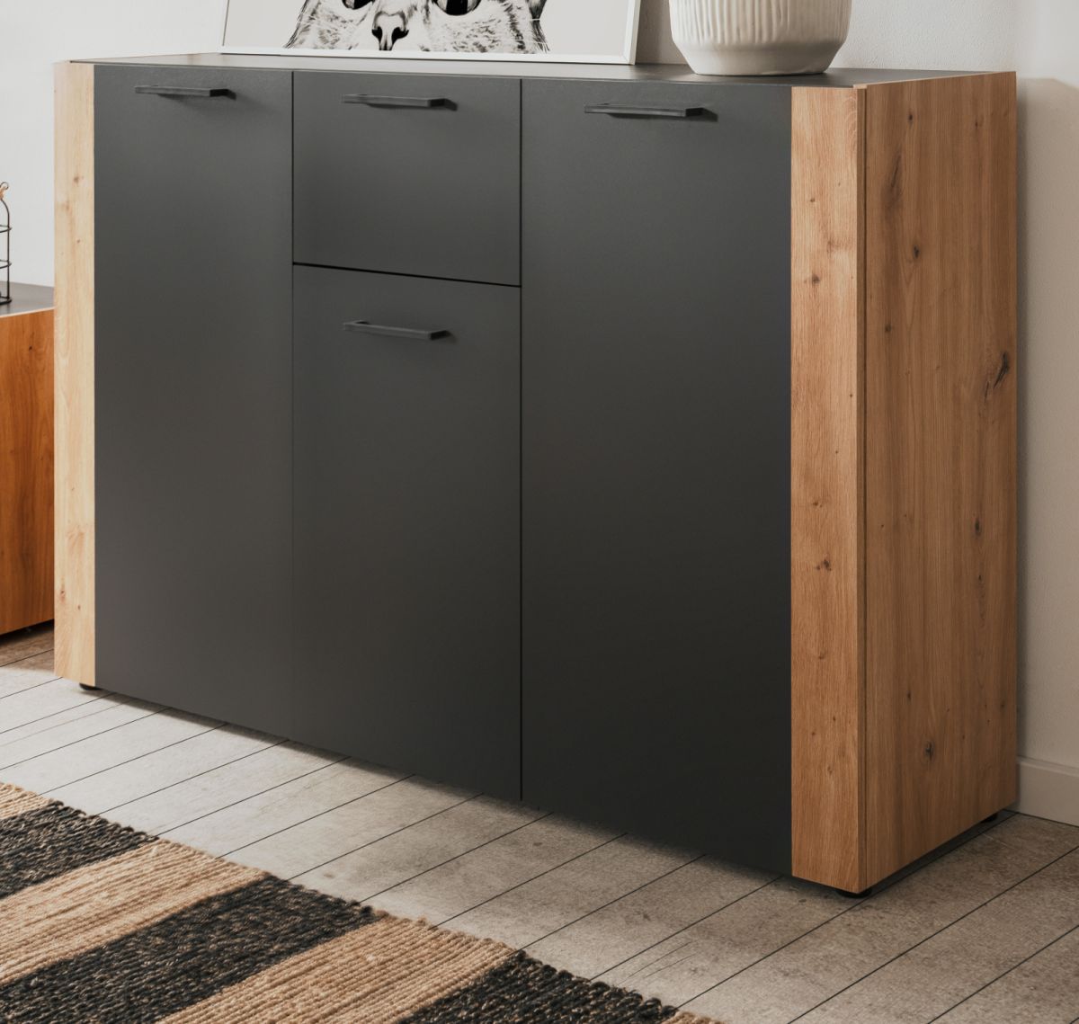Sideboard Kampen in grau und Eiche 126 x 85 cm