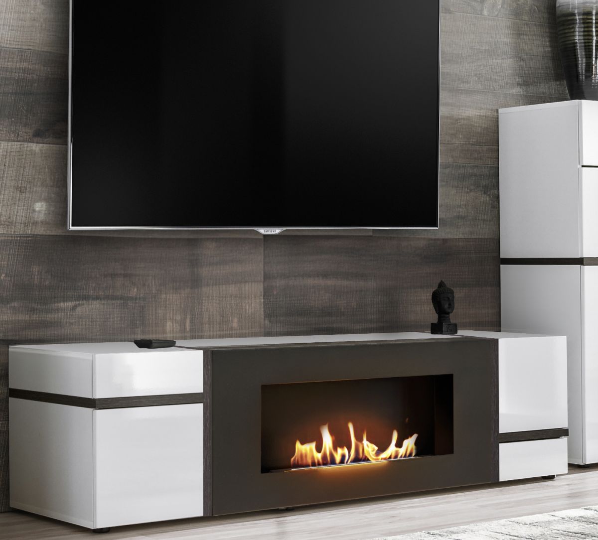 TV-Lowboard Lovely in weiß Hochglanz und Ulme mit Kamin 150 cm