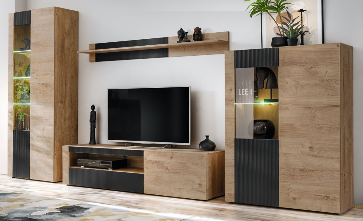 Wohnwand Heron in Ribbeck Eiche und schwarz mit LED 350 cm