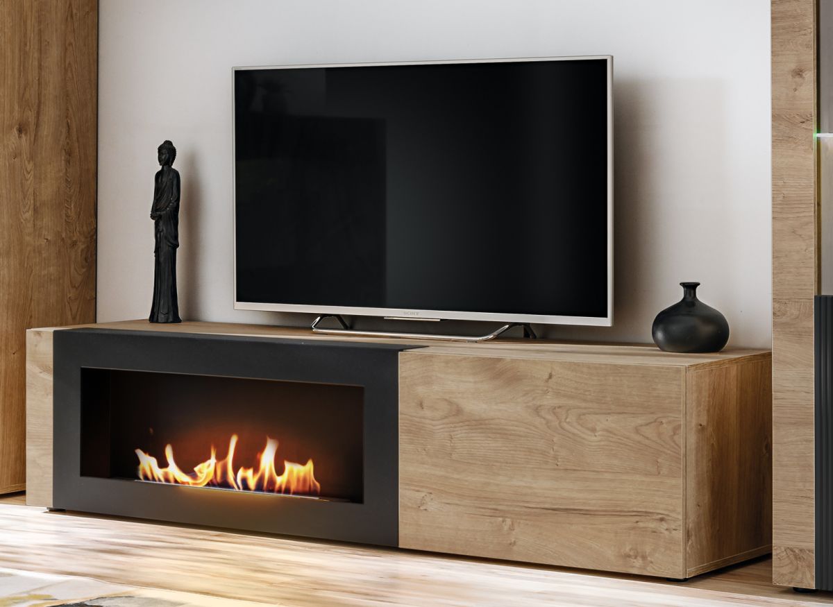 TV-Lowboard Heron in Eiche Dekor mit Schwarz, integrierter Ethanol Kamin, 160 cm