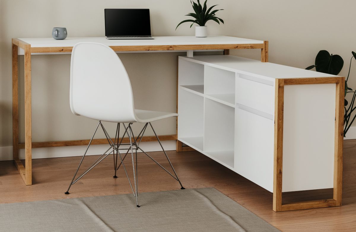 Schreibtisch Malta in Weiß mit Artisan Eiche 139 x 139 cm
