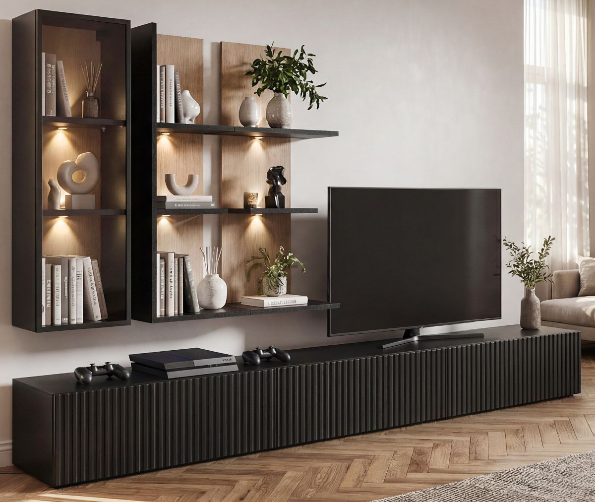 Wohnwand Secret in schwarz und Vicking Eiche 300 cm
