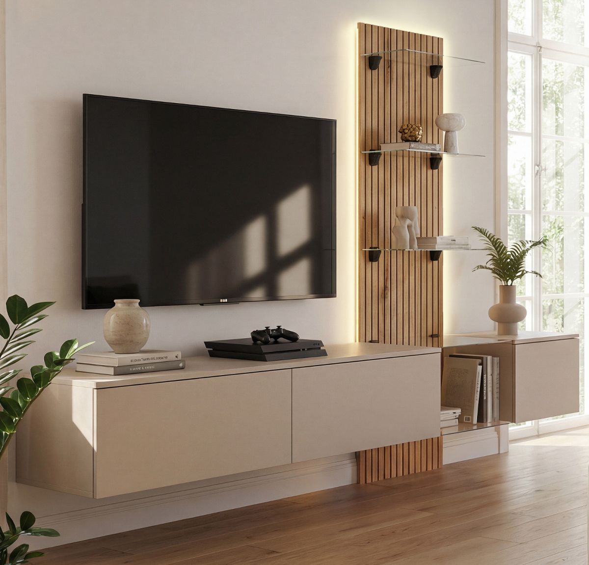 Wohnwand Clay in Lehmgrau und Evoke Eiche 220 cm