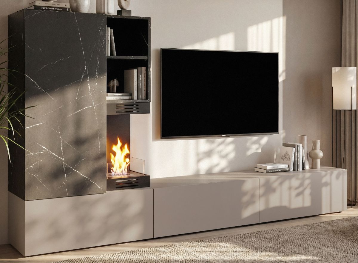 Wohnwand Cosy in Marmor schwarz und Lehm-Grau 270 cm