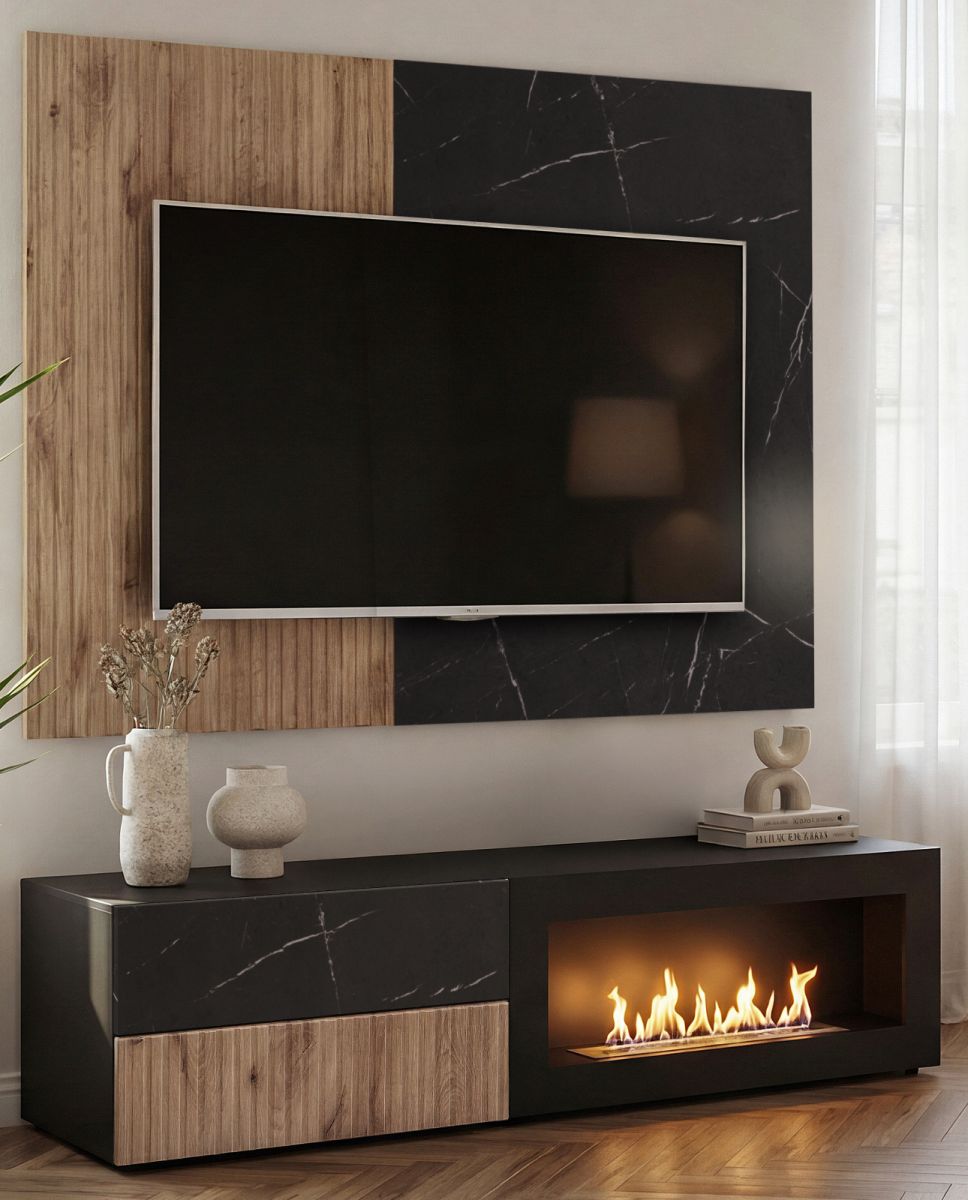 TV-Lowboard Set Starlet in schwarz, Vicking Eiche und Marmor schwarz mit Kamin 160 cm