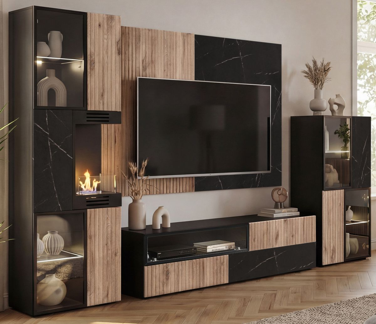Wohnwand Starlet in schwarz, Vicking Eiche und Marmor schwarz mit Kamin 300 cm