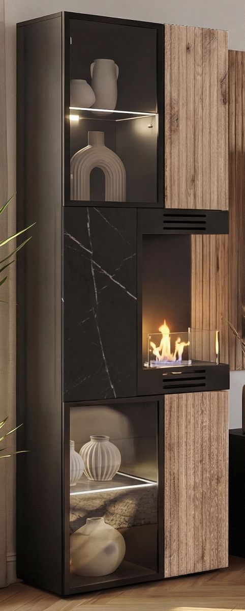 Vitrine Starlet in schwarz, Vicking Eiche und Marmor schwarz inkl. Kamin 60 x 182 cm