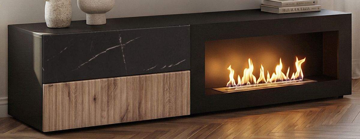 TV-Lowboard Starlet in schwarz, Vicking Eiche und Marmor schwarz mit Kamin 60 x 122 cm