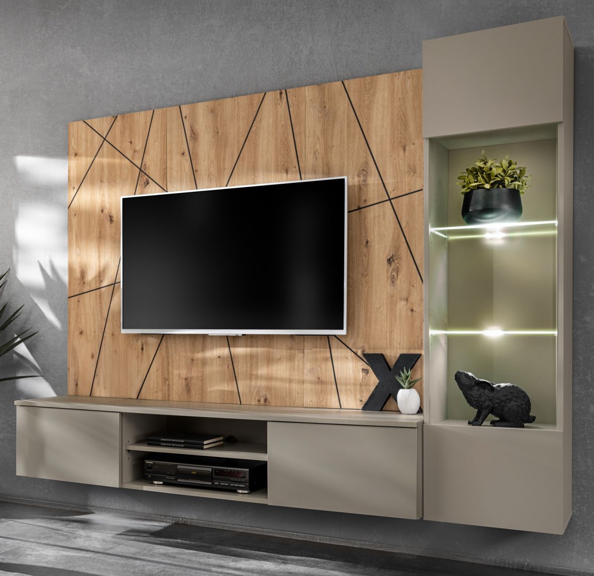 Wohnwand iLike in Lehm-Grau und Artisan Eiche 200 cm
