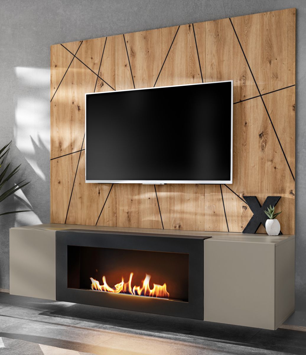 TV-Lowboard Set iLike in Lehm-Grau, schwarz und Artisan Eiche mit Kamin 160 cm