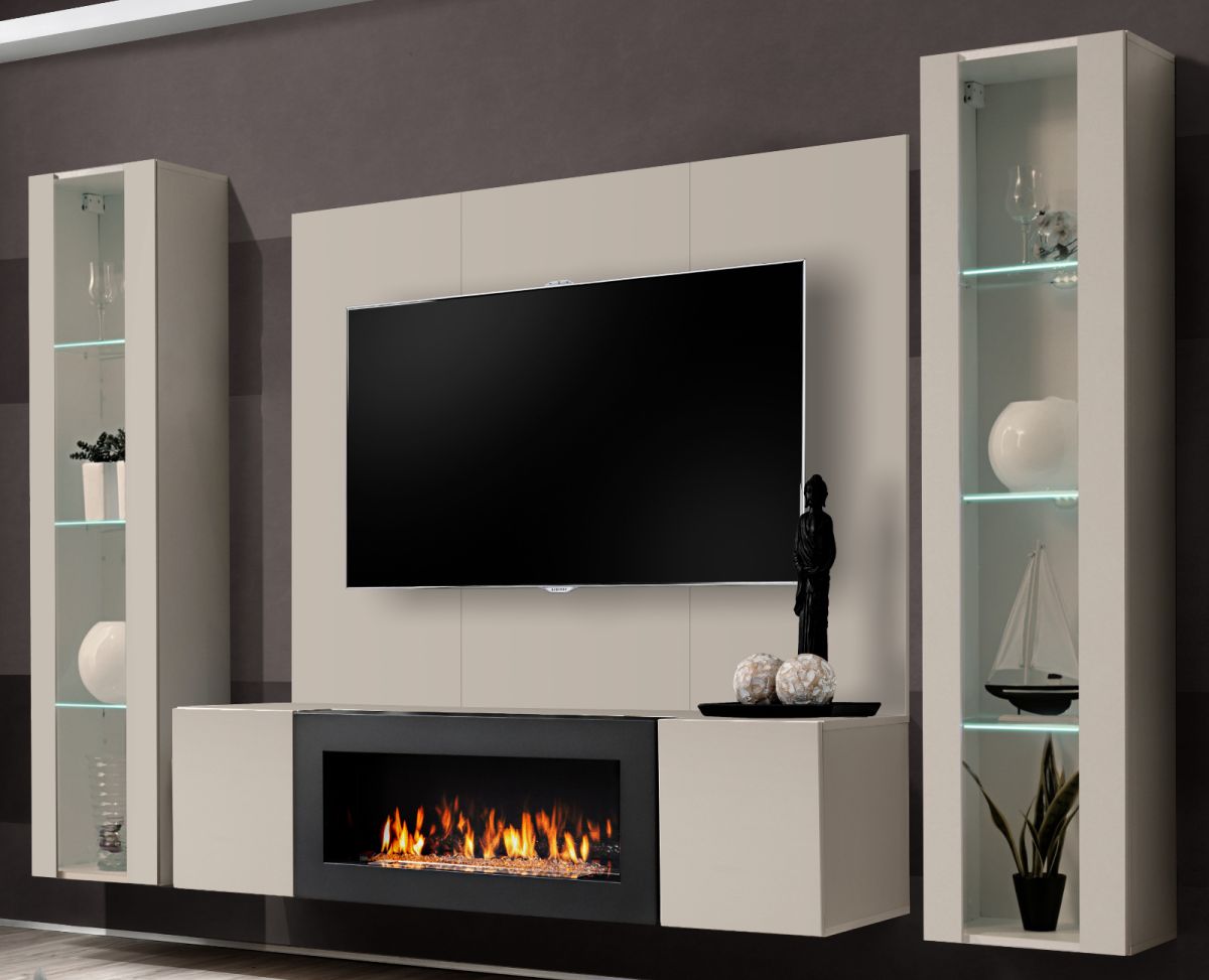 Wohnwand Option in Kaschmir mit Kamin und LED 260 cm