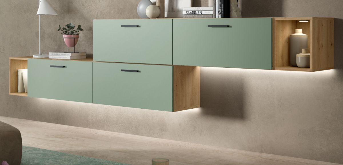 Sideboard Onawa in grün und Eiche 277 cm