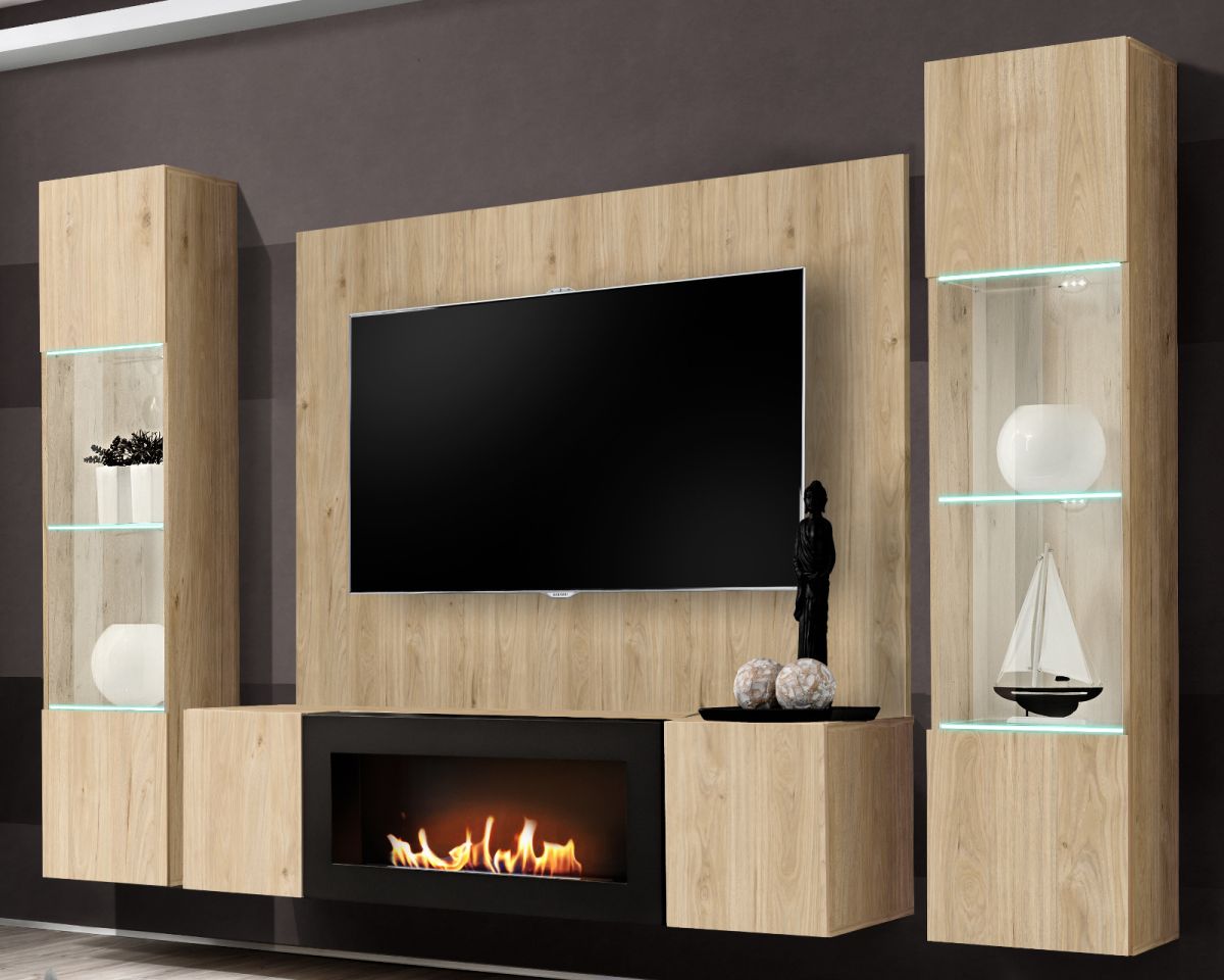 Wohnwand Option in Eiche mit Kamin und LED 260 cm