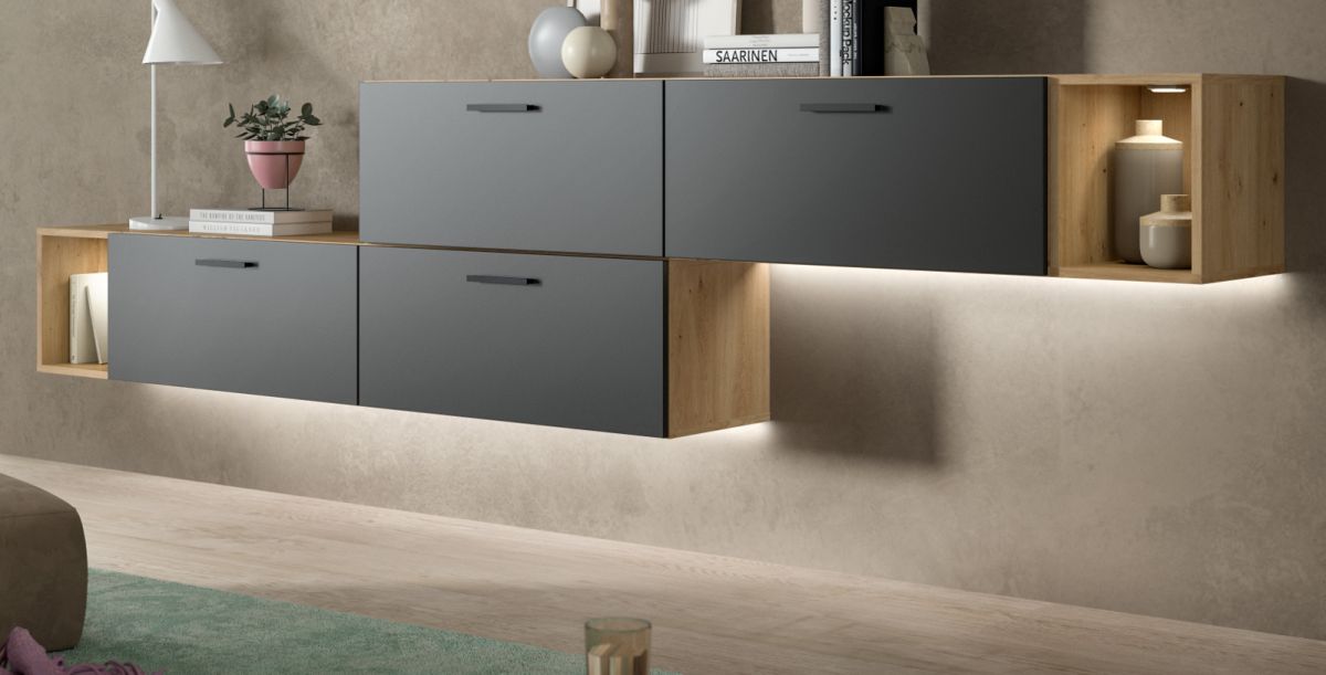 Sideboard Onawa in grau und Eiche 277 cm
