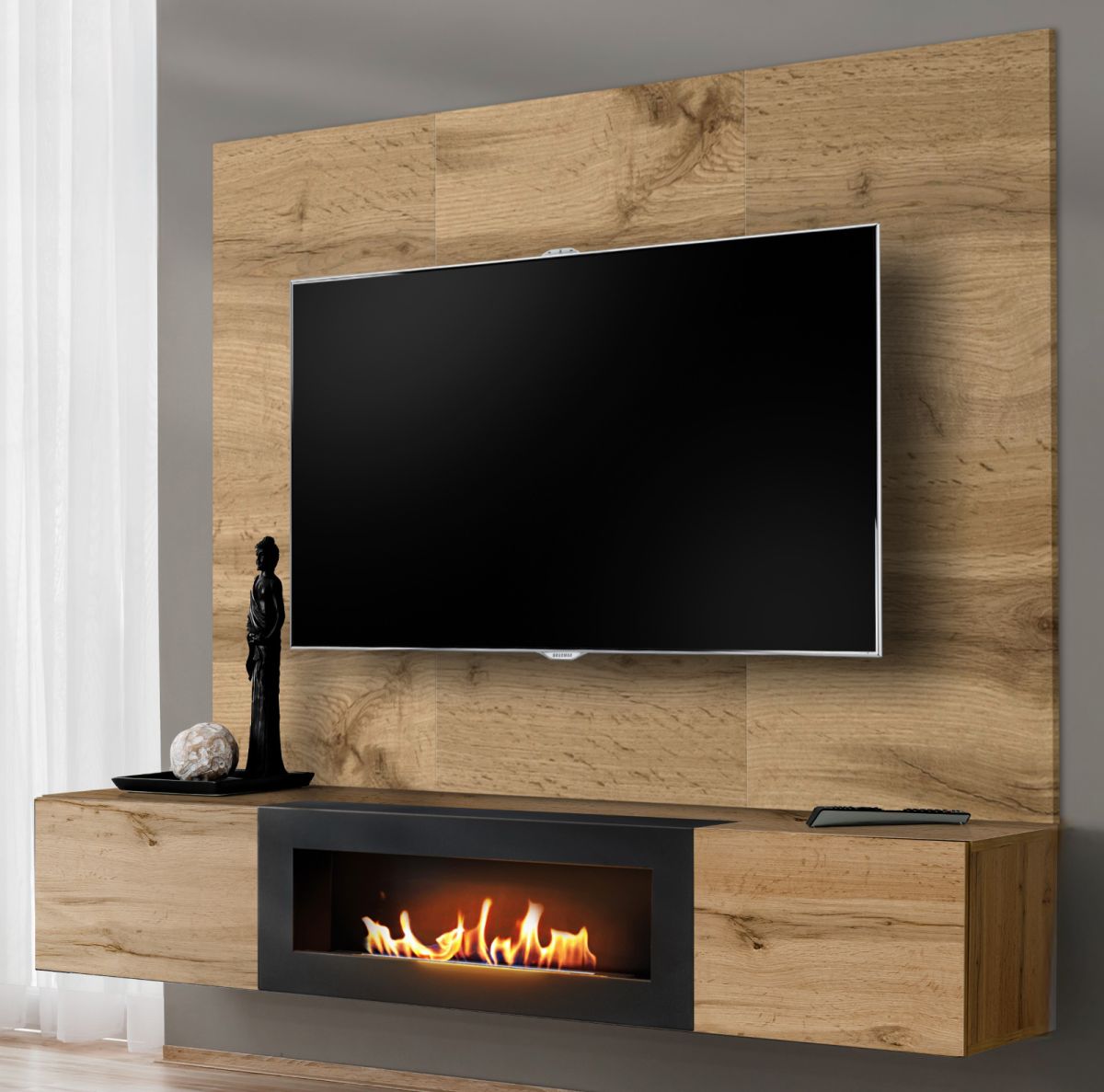 TV-Lowboard Set Public in Wotan Eiche mit Kamin 180 cm