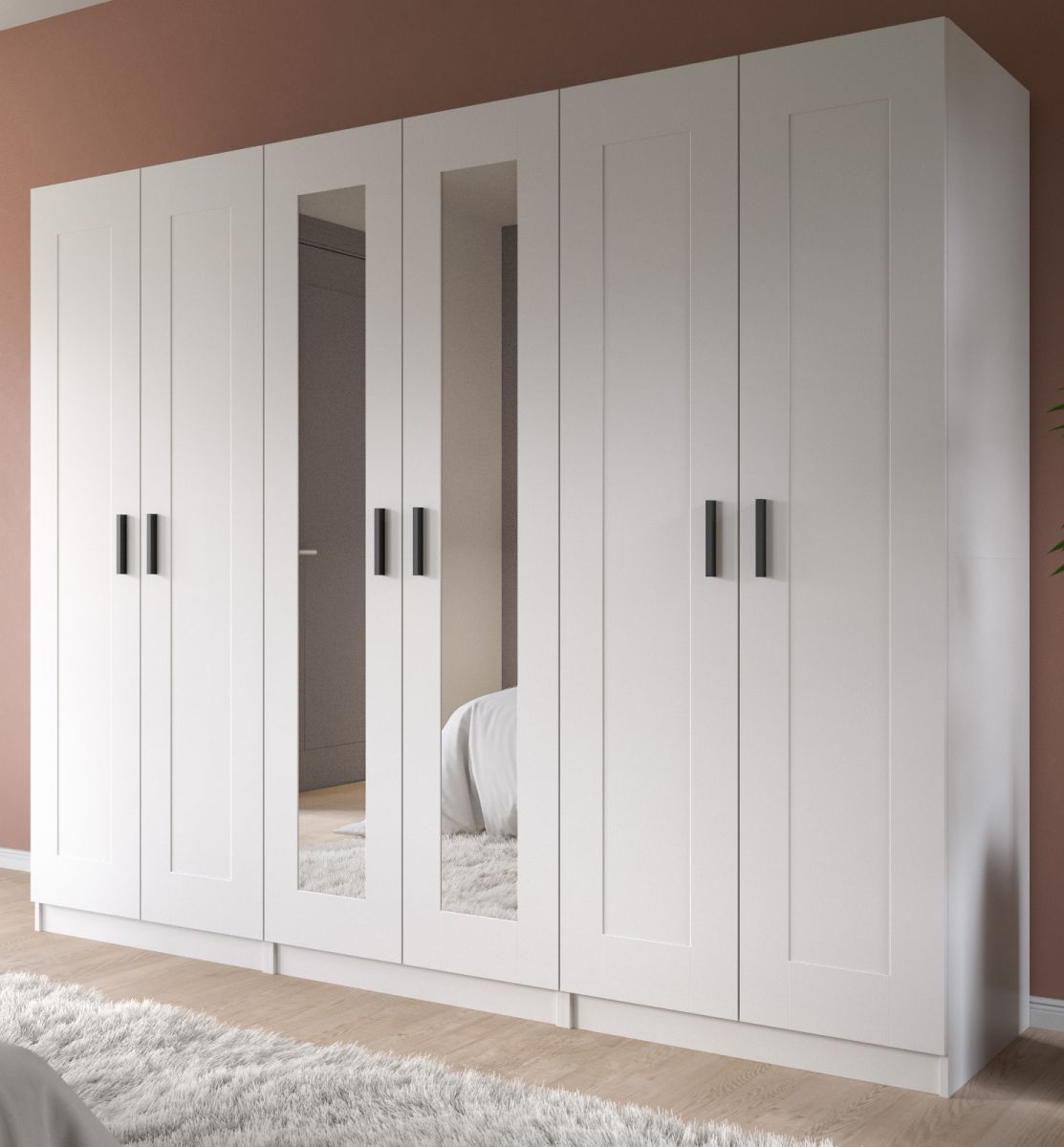 Kleiderschrank 6-türig mit Spiegel Jondal in weiß 240 x 194 cm