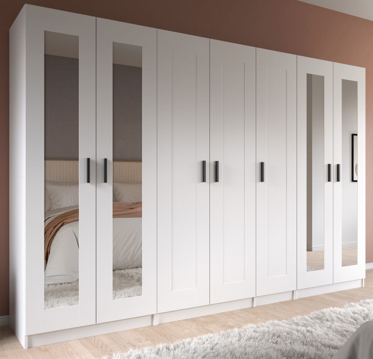 Kleiderschrank 7-türig mit Spiegel Jondal in weiß 280 x 194 cm