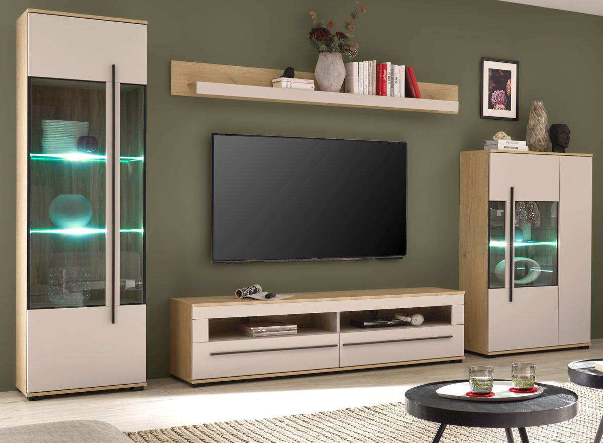 Wohnwand Design-D in Kaschmir und Eiche 4-teilig 350 x 200 cm