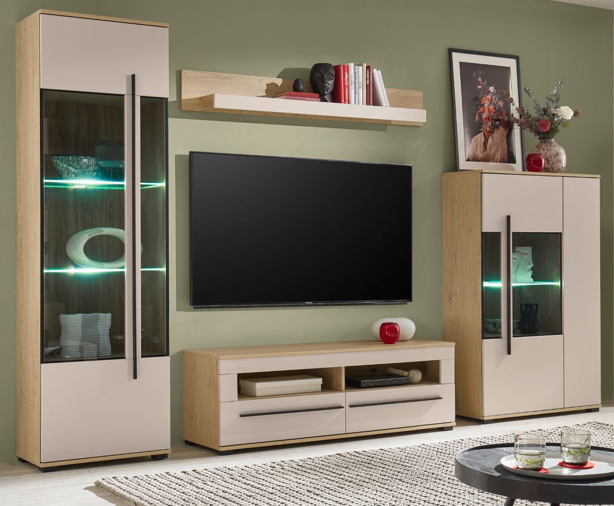 Wohnwand Design-D in Kaschmir und Eiche 4-teilig 310 x 200 cm