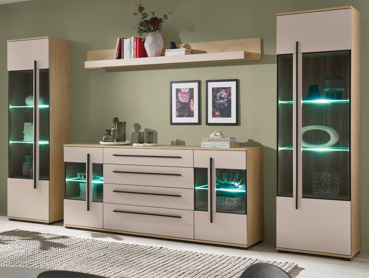 Wohnwand Design-D in Kaschmir und Eiche 4-teilig 340 x 200 cm