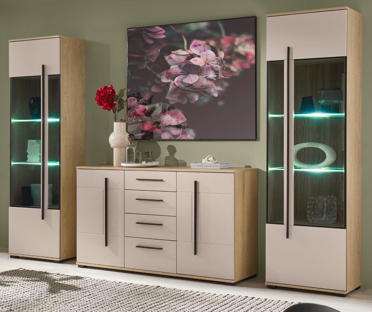 Wohnwand Design-D in Kaschmir und Eiche 3-teilig 290 x 200 cm