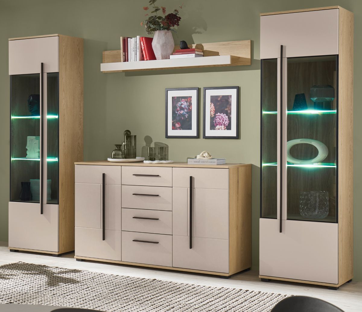 Wohnwand Design-D in Kaschmir und Eiche 4-teilig 290 x 200 cm