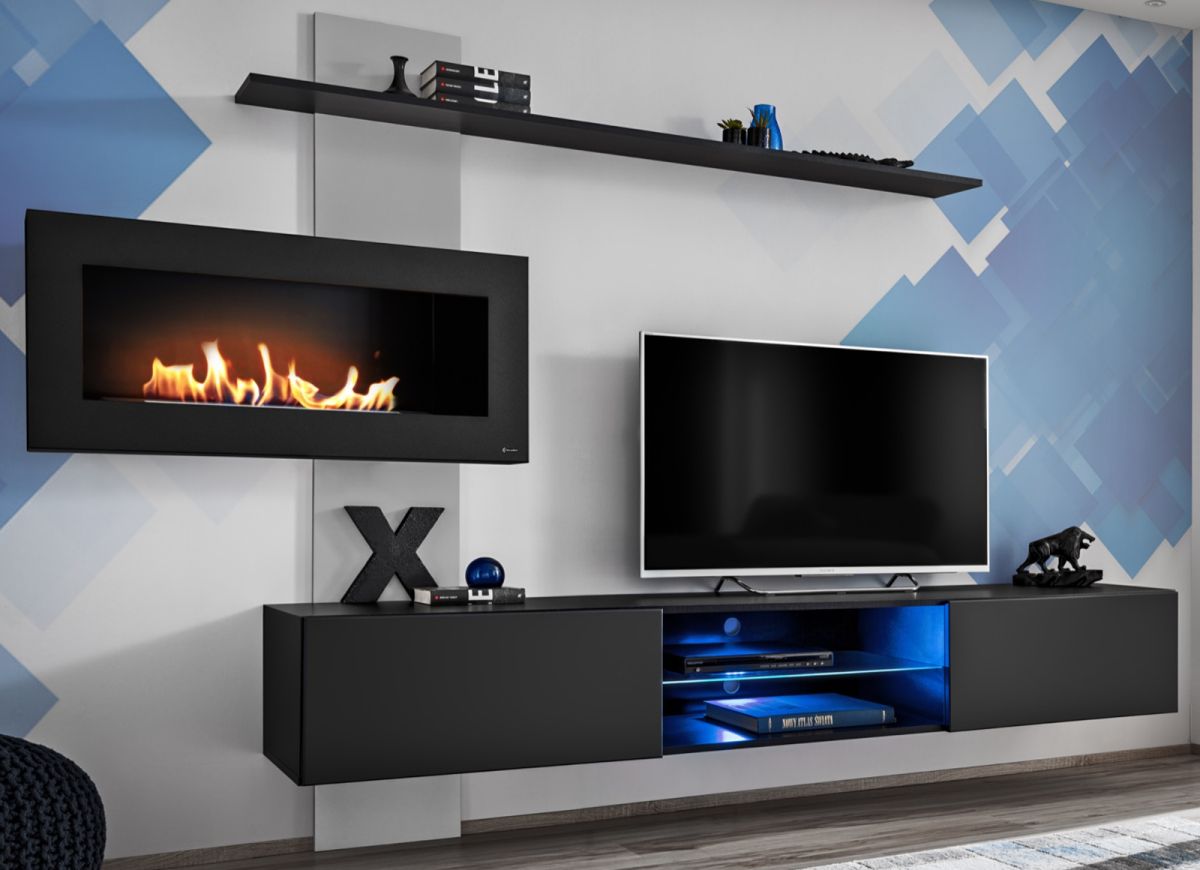 Wohnwand Special in schwarz und perlgau mit Kamin 250 cm