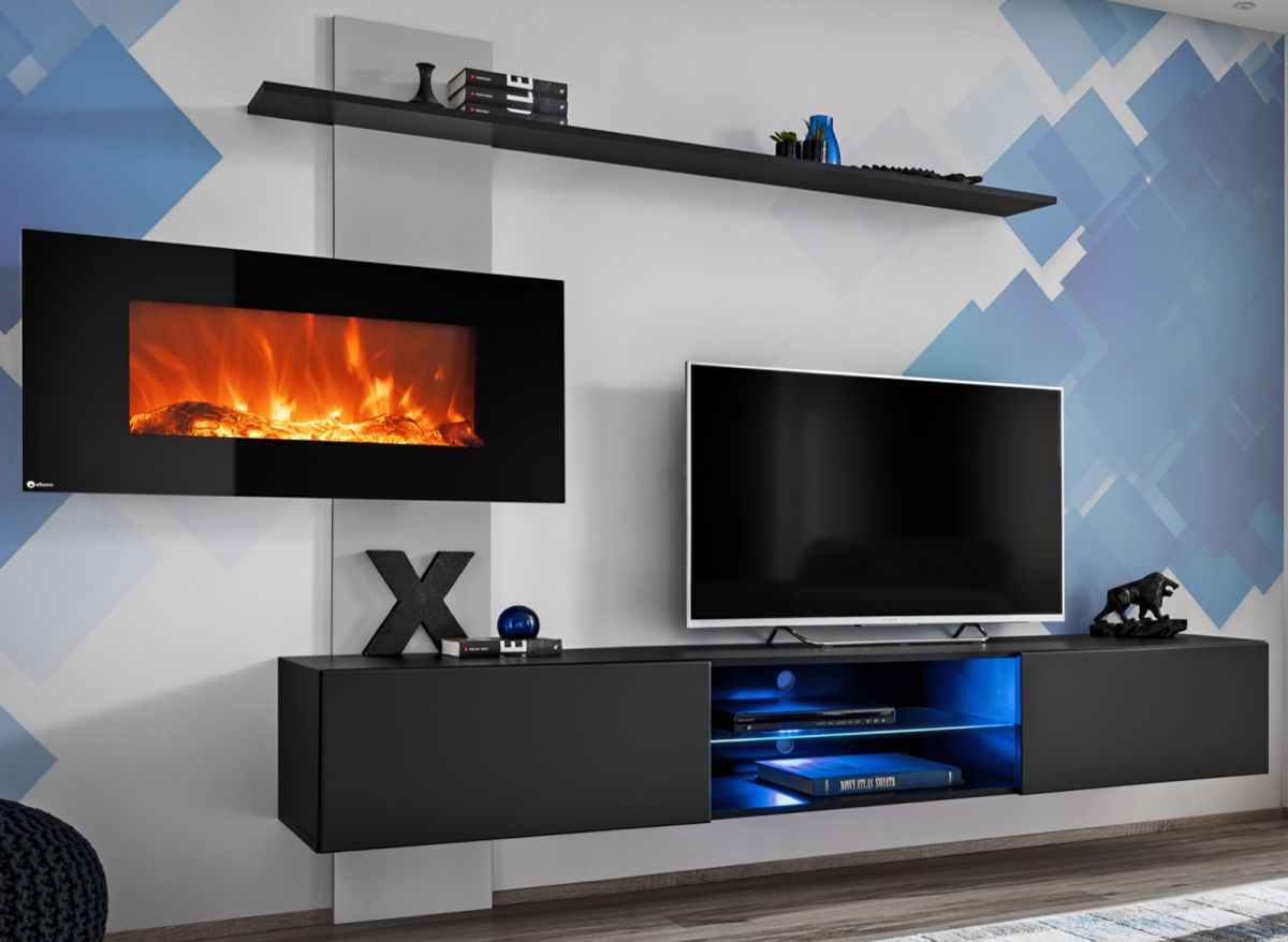 Wohnwand Special in schwarz und perlgau mit Elektrokamin 250 cm