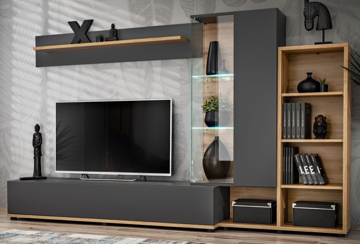 Wohnwand Lester in Grau und Wotan Eiche mit LED 240 cm