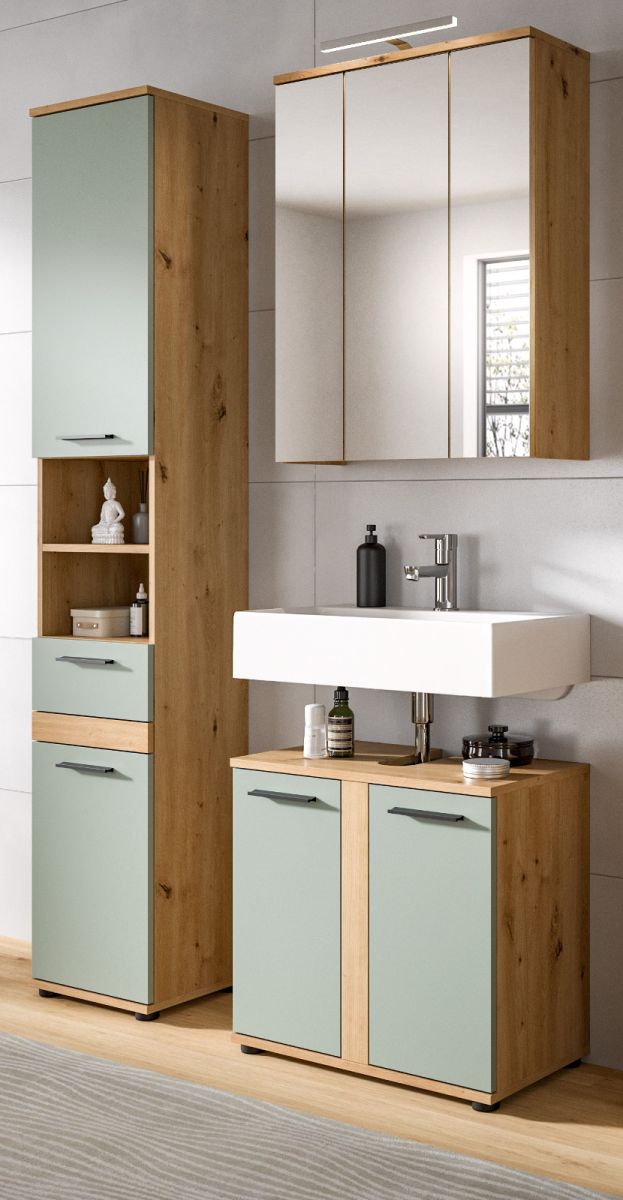 Badmöbel Set Bailey in Salbei und Eiche 3-teilig 112 cm