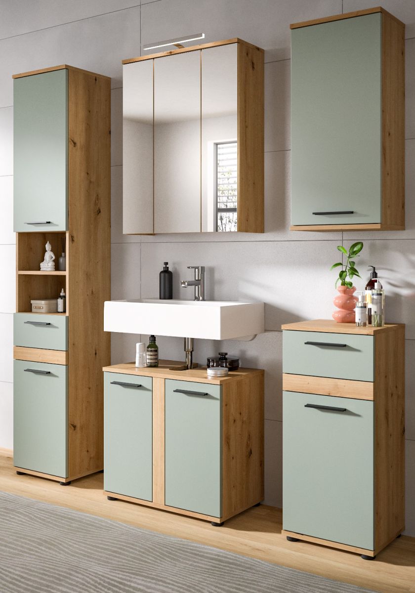 Badmöbel Set Bailey in Salbei und Eiche 6-teilig inkl. LED 164 cm