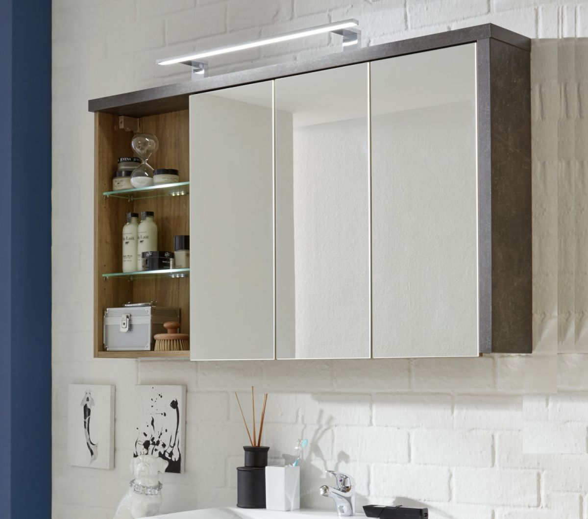 Spiegelschrank Bay 3-türig Eiche Riviera Honig und grau Beton Design 123 cm