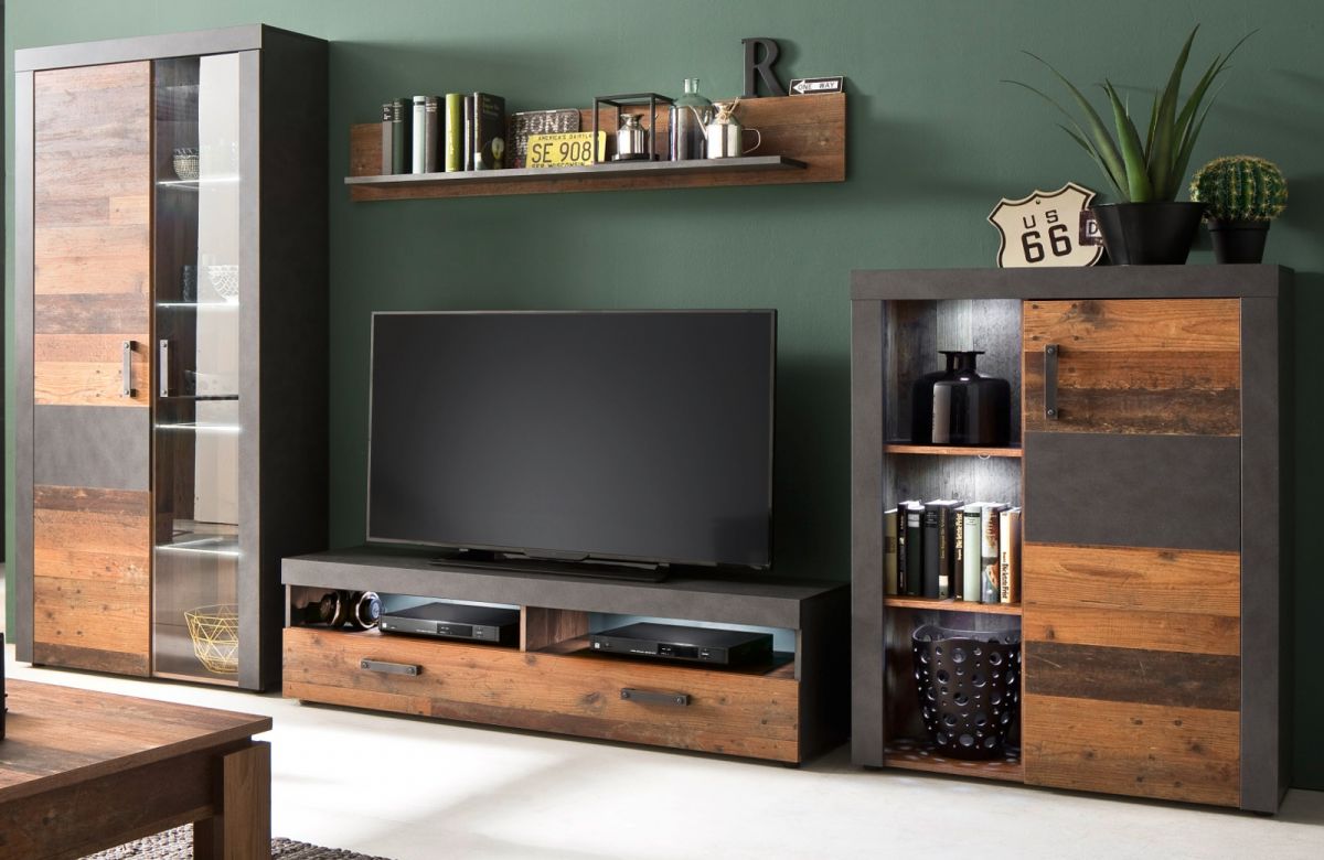 Wohnwand Indy in Used Wood Shabby und Matera grau 343 cm