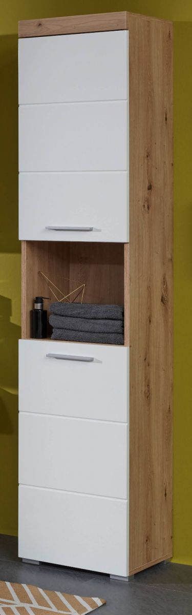 Hochschrank Badmöbel Amanda Hochglanz weiß und Eiche 37 cm