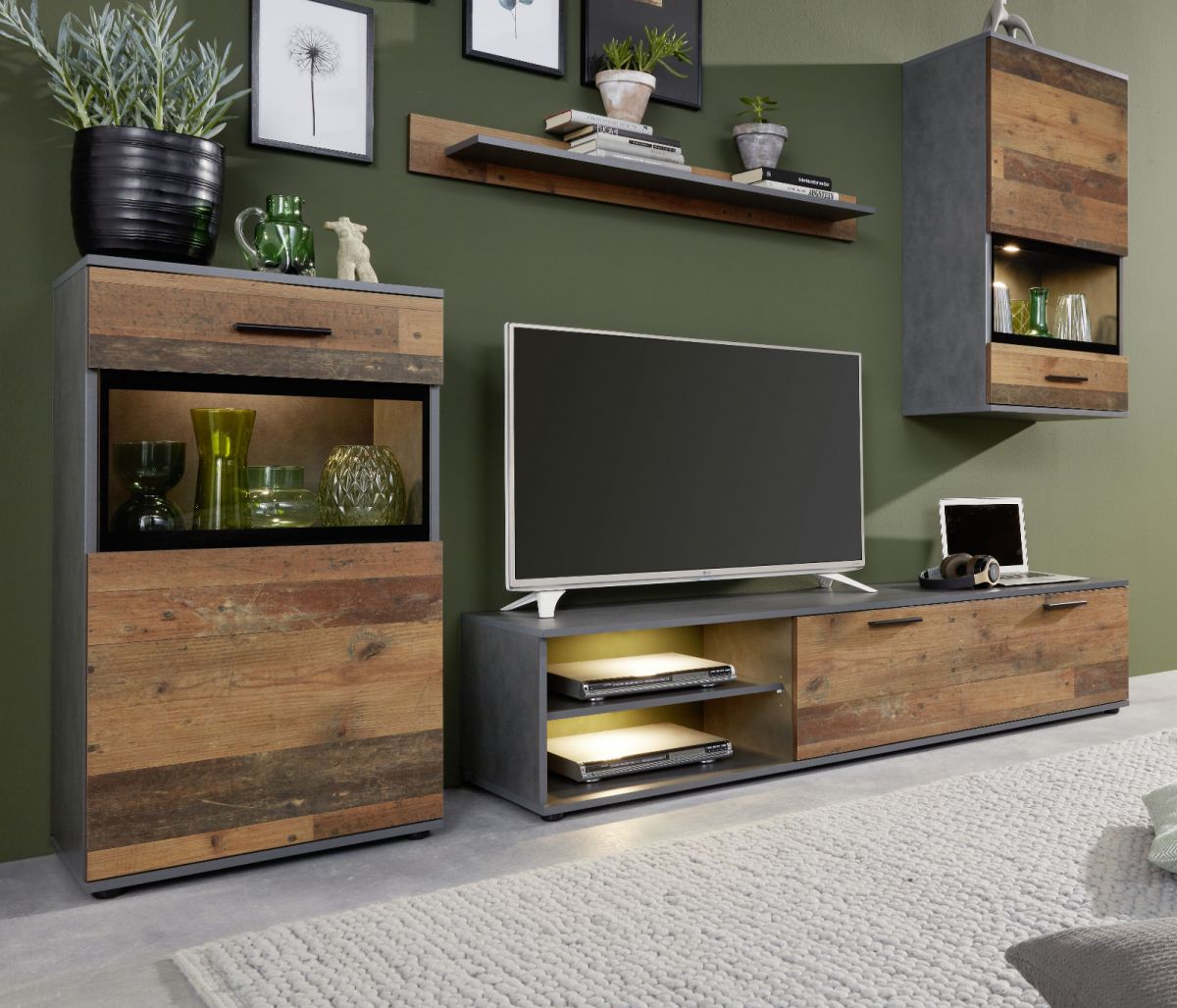 Wohnwand Mango in Used Wood Shabby und Matera grau 246 cm