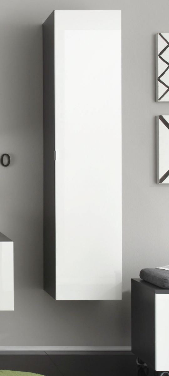 Bad Hochschrank Hängeschrank Beach in weiß Hochglanz und grau mit Spiegel innen 35/157 cm