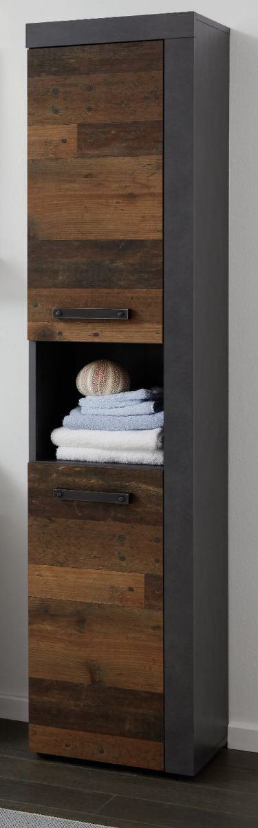 Badmöbel Hochschrank Cancun / Indy in Old Used Wood und Matera grau