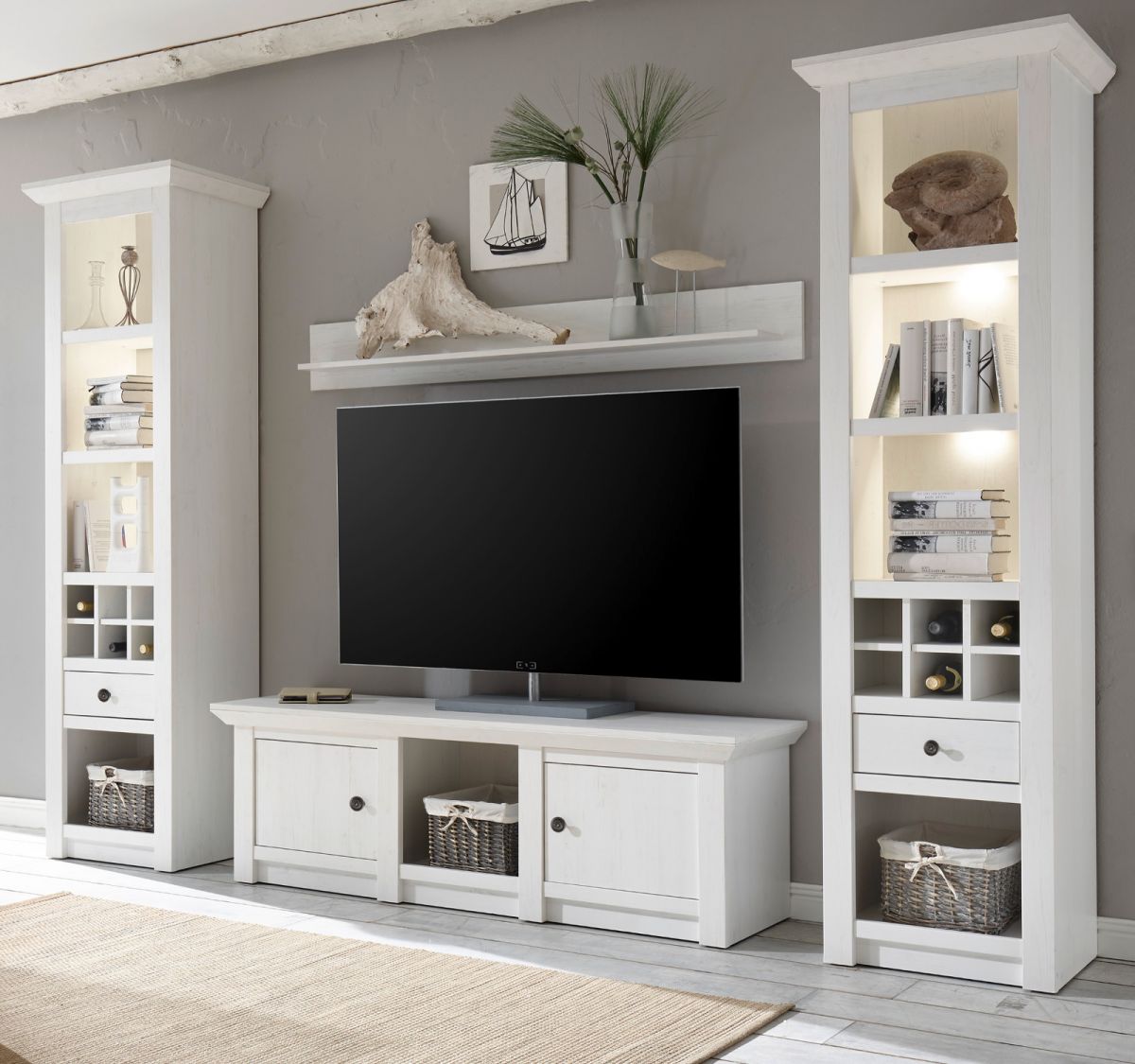 Wohnwand 4-teilig Hooge in Pinie weiß Landhaus 288 x 207 cm