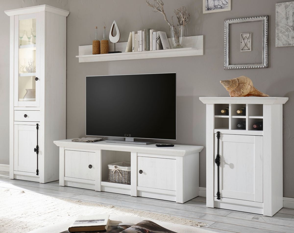 Wohnwand 4-teilig Hooge in Pinie weiß Landhaus 300 x 207 cm