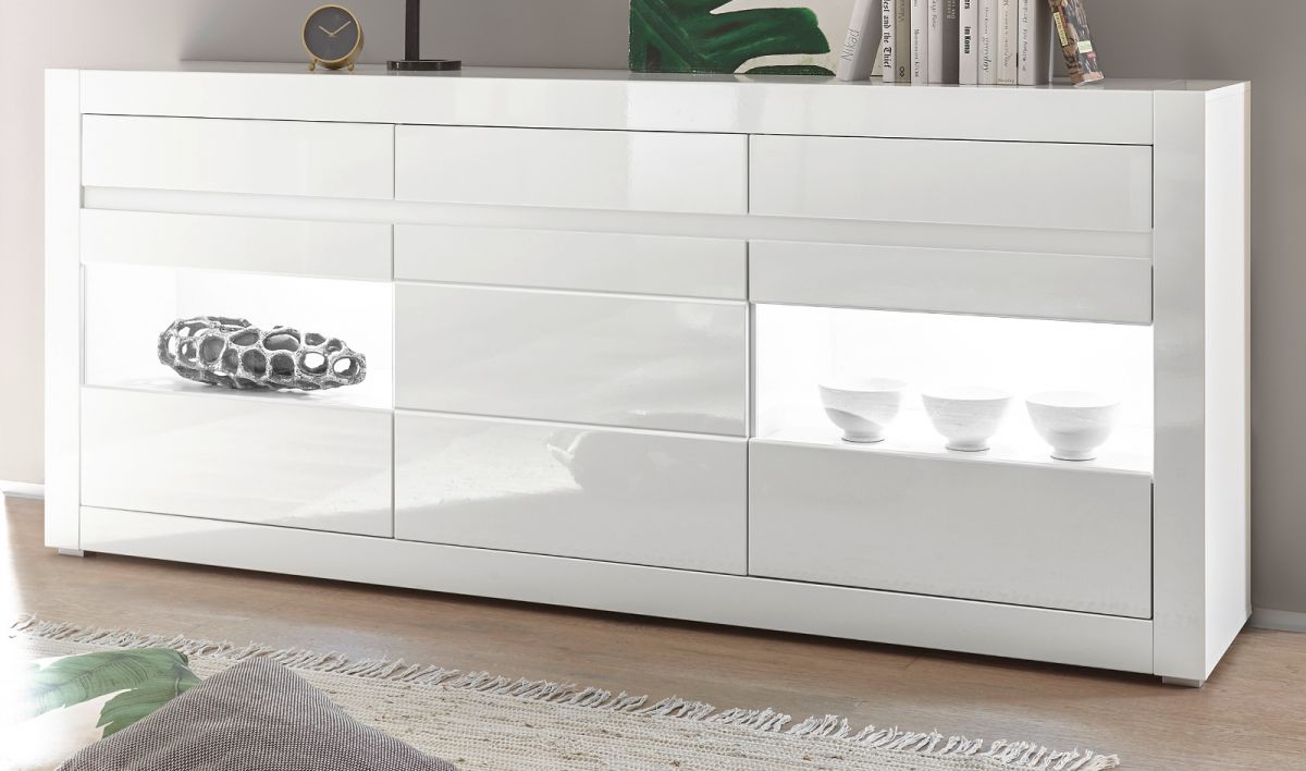 Sideboard Nobile in Hochglanz weiß / Stone Design grau 217 x 90 cm