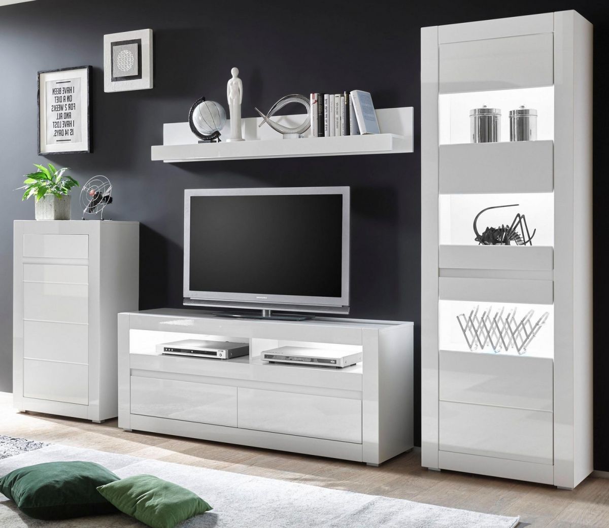 Wohnwand 4-tlg. Nobile in Hochglanz weiß / Stone Design grau 302 x 198 cm