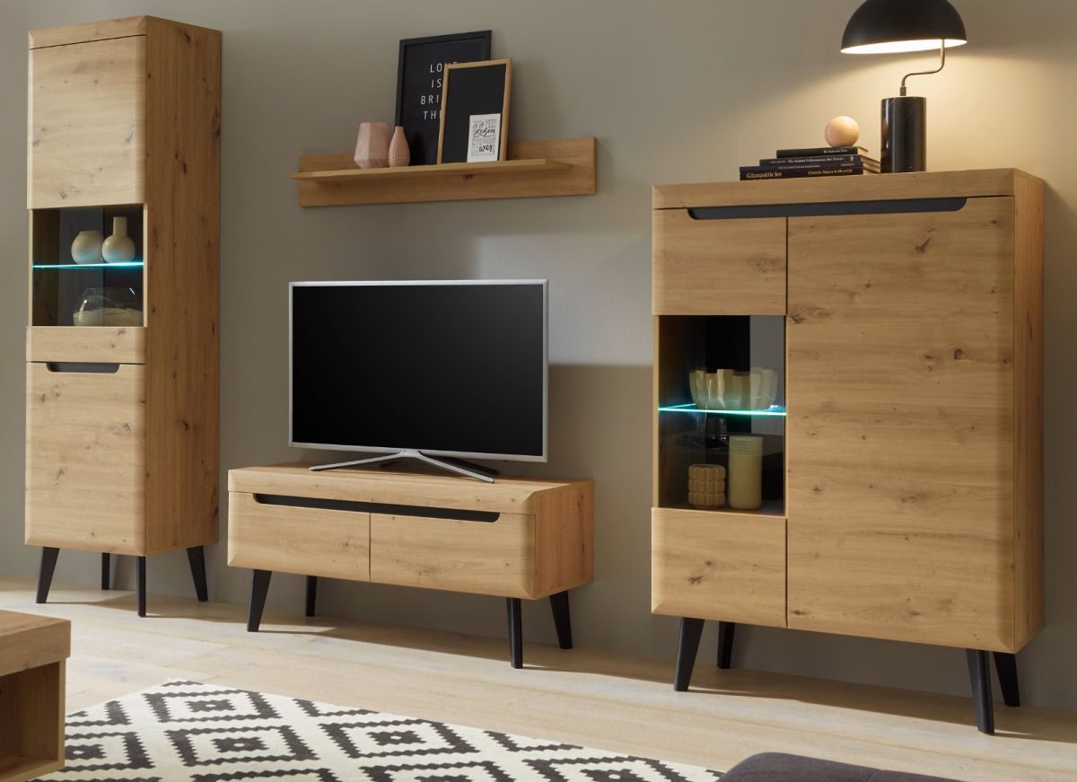 Wohnwand 4-teilig Ronson in Eiche Artisan und schwarz 290 x 197 cm