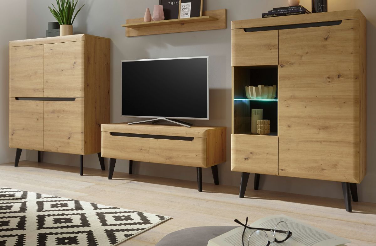 Wohnwand 4-teilig Ronson in Eiche Artisan und schwarz 344 x 170 cm