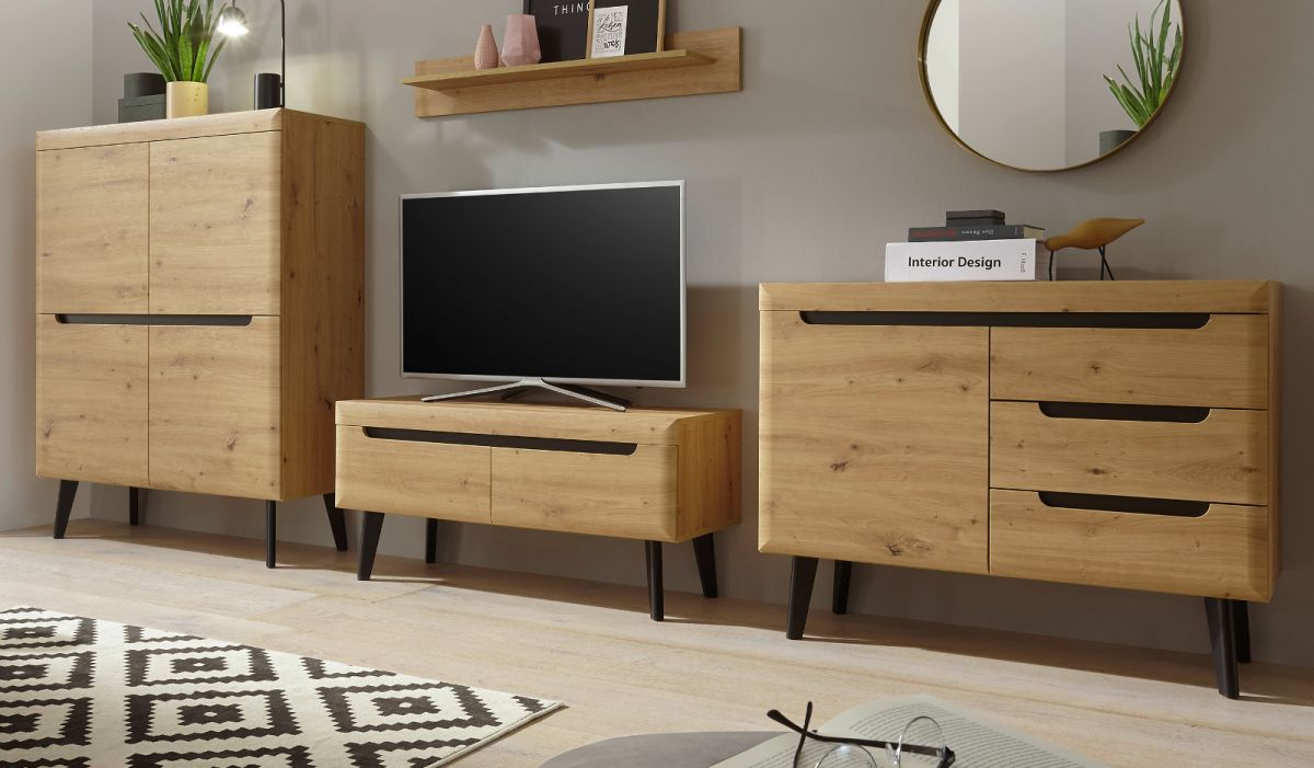 Wohnwand 4-teilig Ronson in Eiche Artisan und schwarz 361 x 170 cm