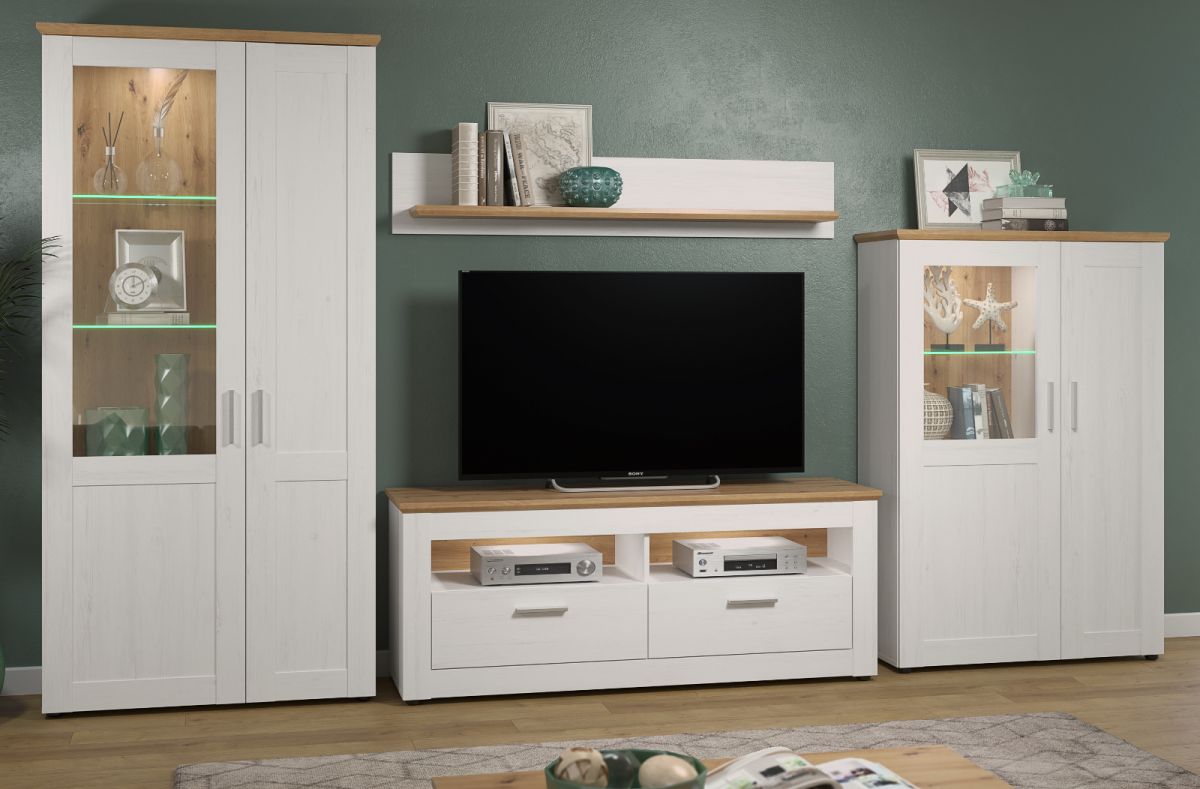 Wohnwand 4-teilig Shade in Andersen Pinie weiß und Eiche Artisan Landhaus 368 x 194 cm