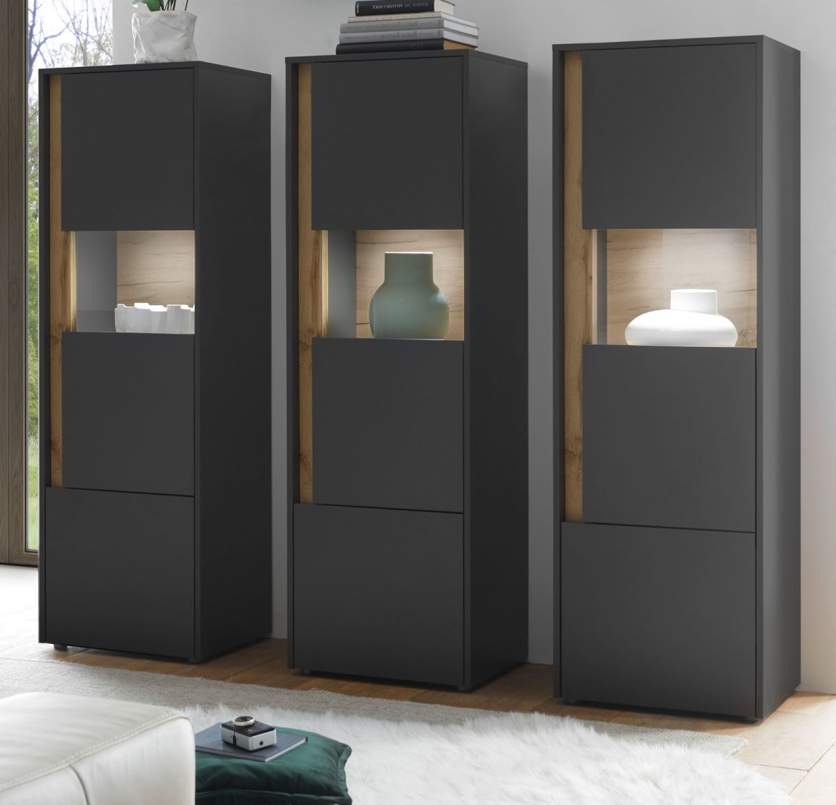 Schrank Set 3-teilig 'Center' in grau matt und Wotan Eiche Wohnkombination 3 x Vitrine 190 x 155 cm